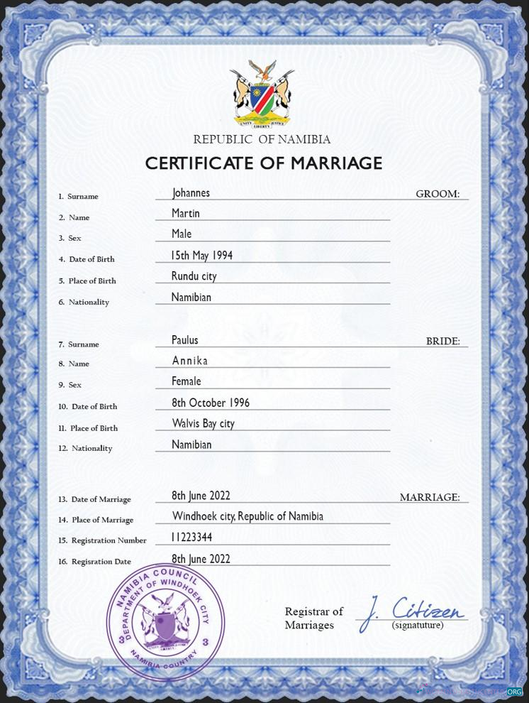 Download Namibia marriage certificate PSD template Photoshop template